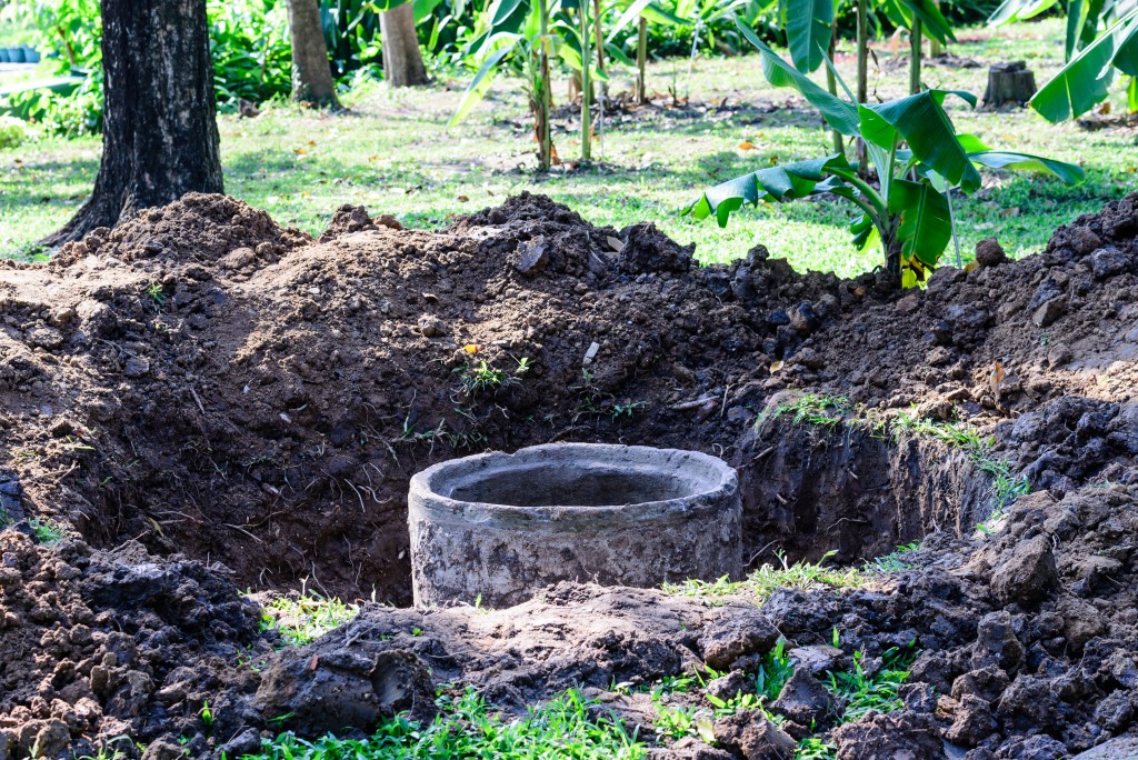 Cement septic tank for waste water under construction.